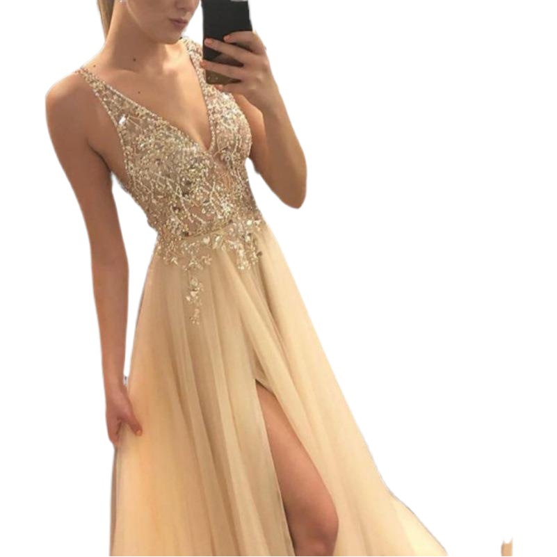 Vestido de noche brillante 2025 europeo y americano de verano dorado con cuello en V y empalme, vestido de fiesta de noche para mujer