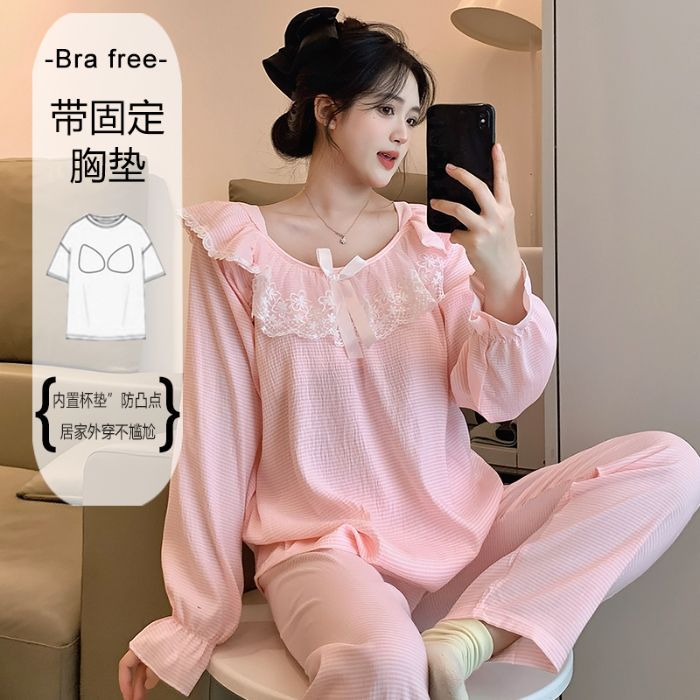 Al por mayor transfronterizo primavera y otoño nuevo pijama de mujer nube de algodón encaje cuello redondo hoodie mangas largas pantalones largos con cojín de pecho ropa para el hogar image 13
