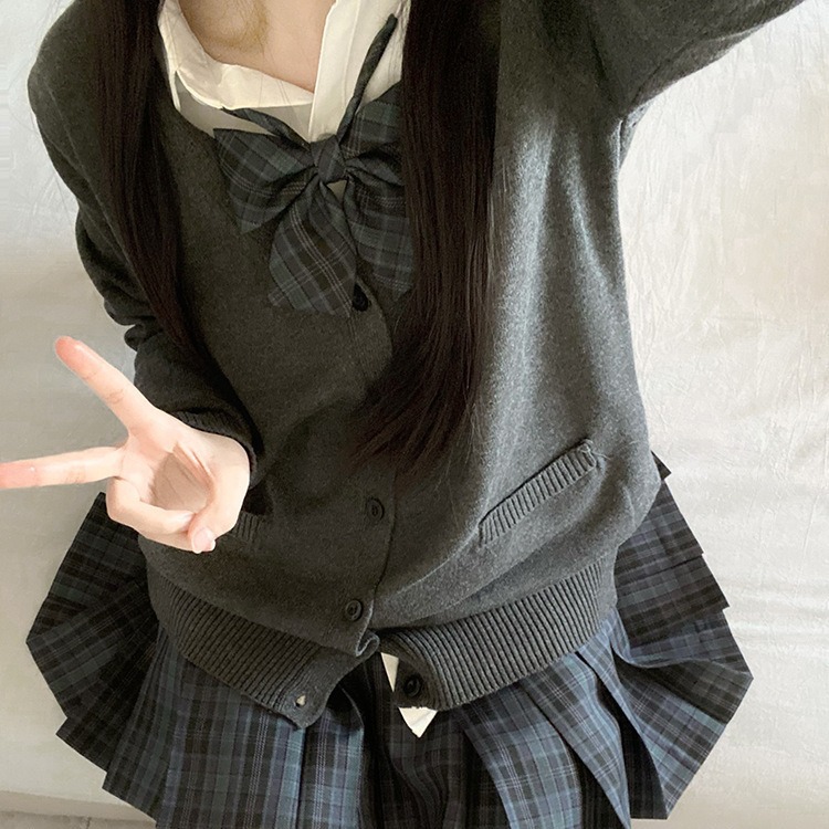 (2개) 원래 JK 유니폼 가을과 겨울 세트 스웨터 카디건 코트 체크 무늬 스커트 셔츠 여성을위한 긴 소매 다용도 학교