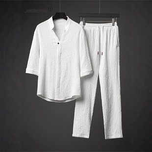 Linen Suit Men's Summer Ice Silk Han Dynasty Men's Clothing with a Set of Handsome Chinese Style Men's Cotton and Linen Short-Sleeved T-Shirts