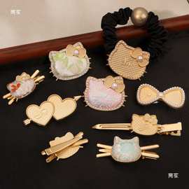 新中式宋锦手工diy发夹底托珍珠猫猫头空托鸭嘴夹发饰发绳圈配件