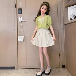 女童套装夏装2024新款初中生韩版时髦洋气短袖小女孩百褶裙两件套
