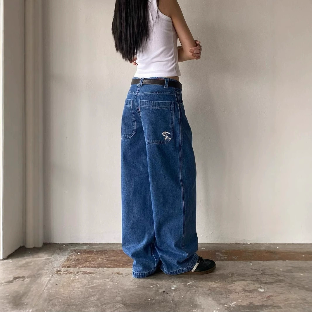 Американские уличные ретро карманы с вышивкой, модные универсальные свободные утягивающие широкие брюки в стиле High Street, повседневные джинсовые брюки