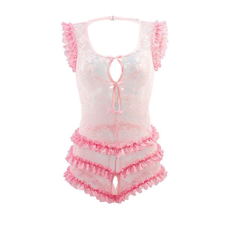 European and American Cross-Border New European and American Style Sexy Lace Sweet Pink Niche Design Open-Fit No-Take-Off Sexy Jumpsuit