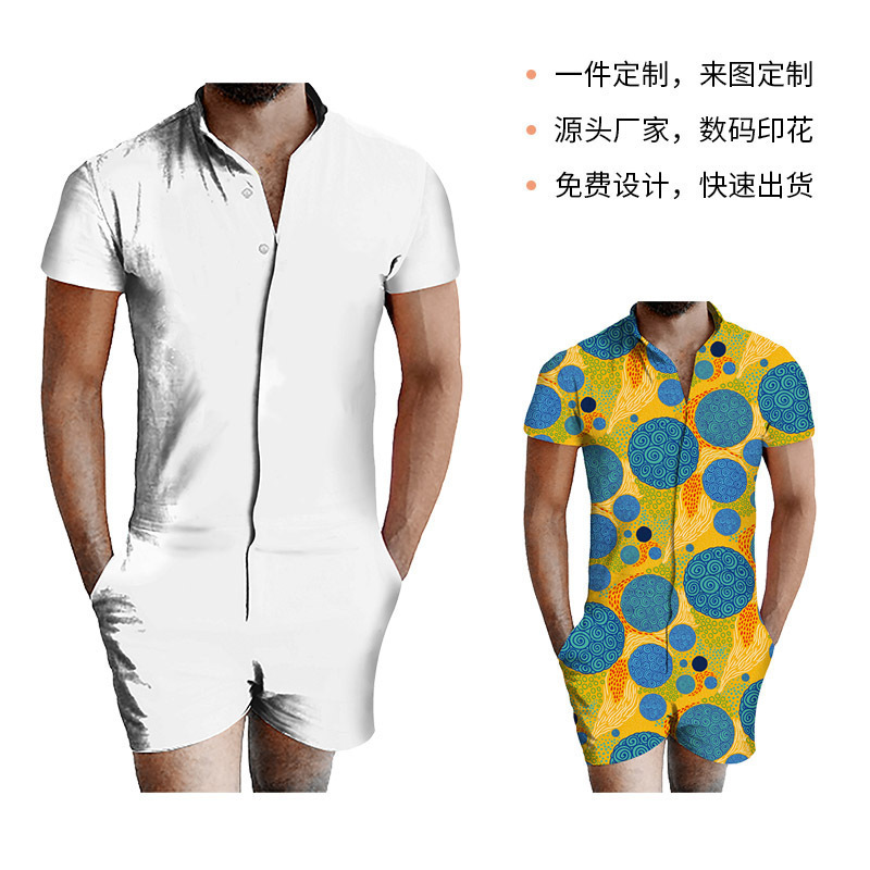 [New Arrival 0331] Men's Shirt and Romper Set Summer Short Sleeve Jumpsuit 3D Printed Casual Versatile