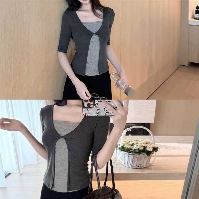 Laareeto Lyocell Two-in-One Mid-Sleeve T-Shirt for Women, Slim Fit, New Autumn Top Laareeto Lyocell Two-in-One Mid-Sleeve T-Shirt for Women, Slim Fit, New Autumn Top