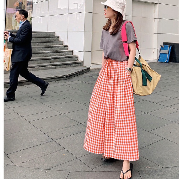 2025 New Summer Plaid Wide-Leg Culottes Elastic High-Waist Slim Versatile Pants Loose Casual Pants for Women