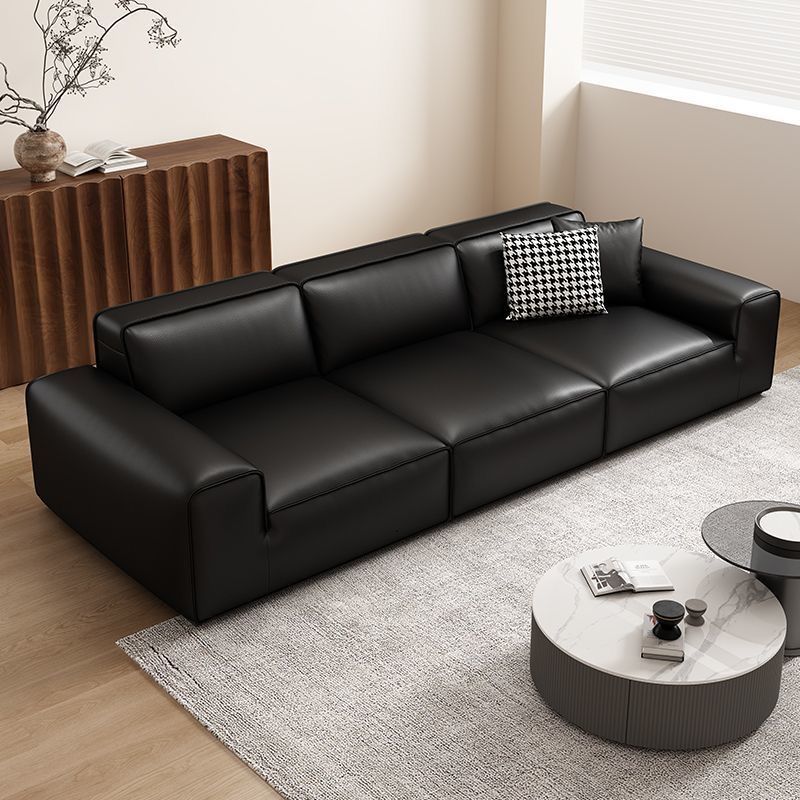 Large Black Cow Leather Sofa for Living Room, Simple Small Apartment, Italian Minimalist Top-Layer Cowhide Straight Row Tofu Block Leather Sofa