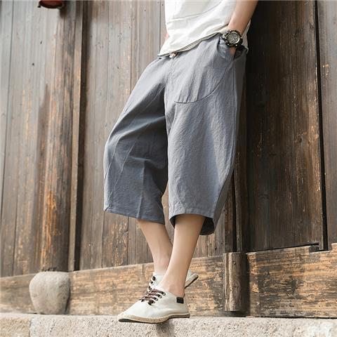 Pantalones cortos de algodón y lino de estilo chino, pantalones de entrepierna rectos sueltos de verano para hombres, pantalones casuales grises de pierna ancha de talla grande