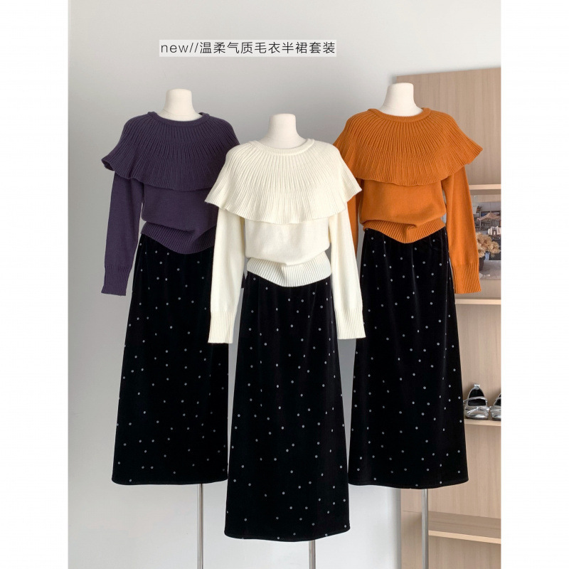 Gentle Elegant Fake Two-Piece Shawl Cape Knitted Sweater for Women + Velvet Polka Dot Skirt Two-Piece Suit