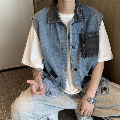American Style Retro Color Matching Denim Vest Jacket Men's Spring Wear Korean Style Loose Straight Sleeveless Outer Jacket Top
