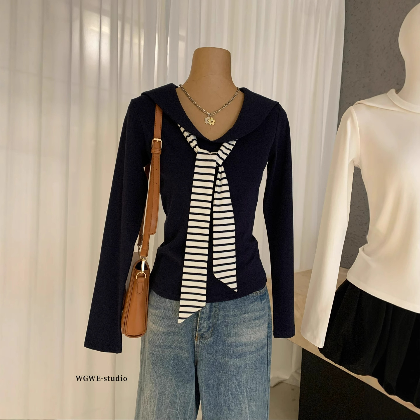 Wgwe8117 Guangzhou Thirteen Lines Women's Early Autumn New Style Small Navy Collar Long Sleeve T-Shirt Top Suit