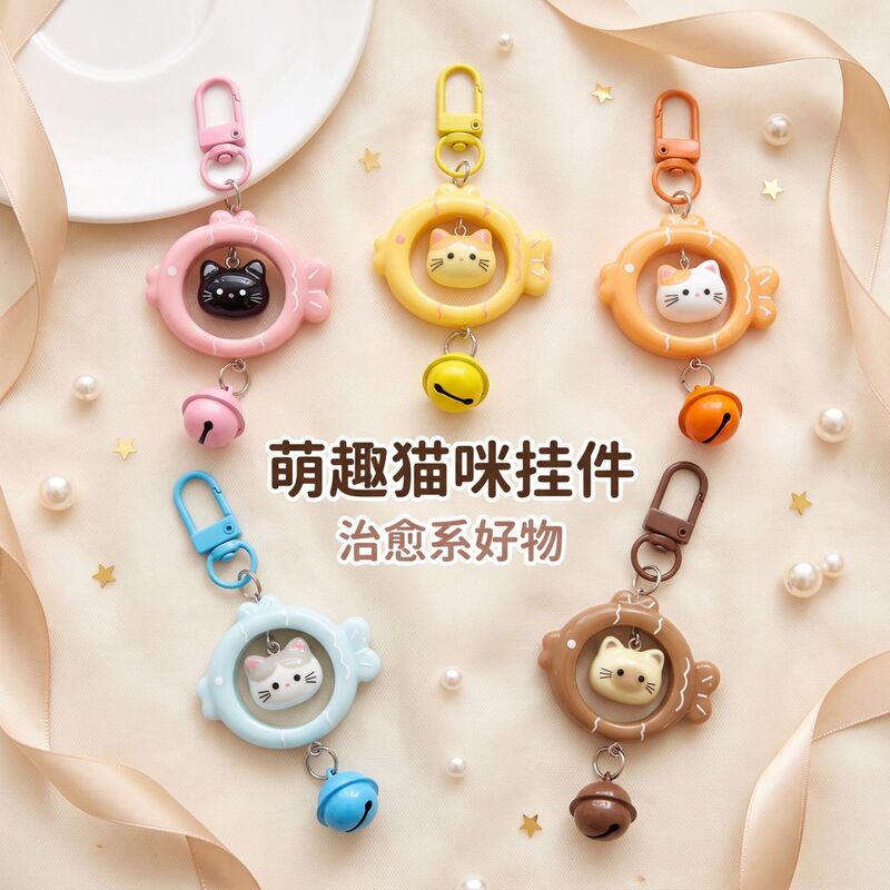 Small fish and cat keychain, colorful three-dimensional bell pendant, original cute gift for best friends and couples, bag accessory