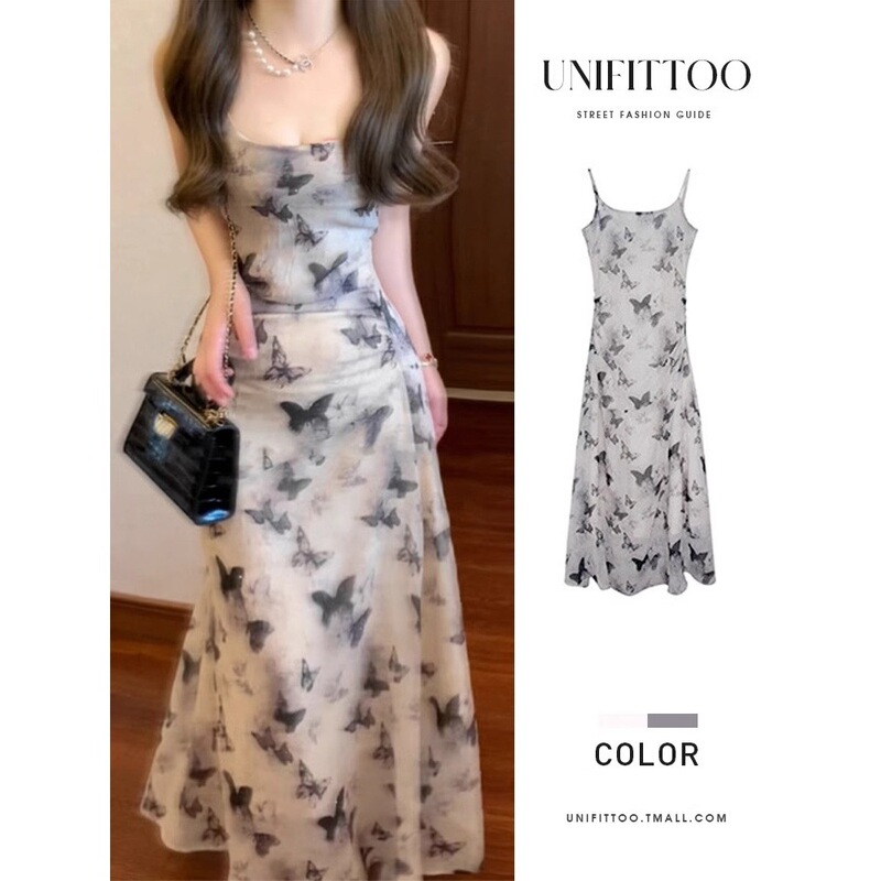 New Chinese Ink Butterfly Printed Sling dress Summer Women's Vacation Slim-fit Tight Waist Skirt Chiffon Long Skirt