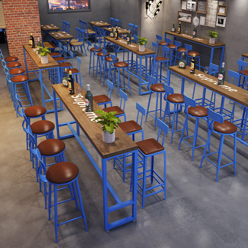 美式实木吧台桌椅复古工业风酒吧咖啡厅长条桌清吧商用靠墙高脚桌