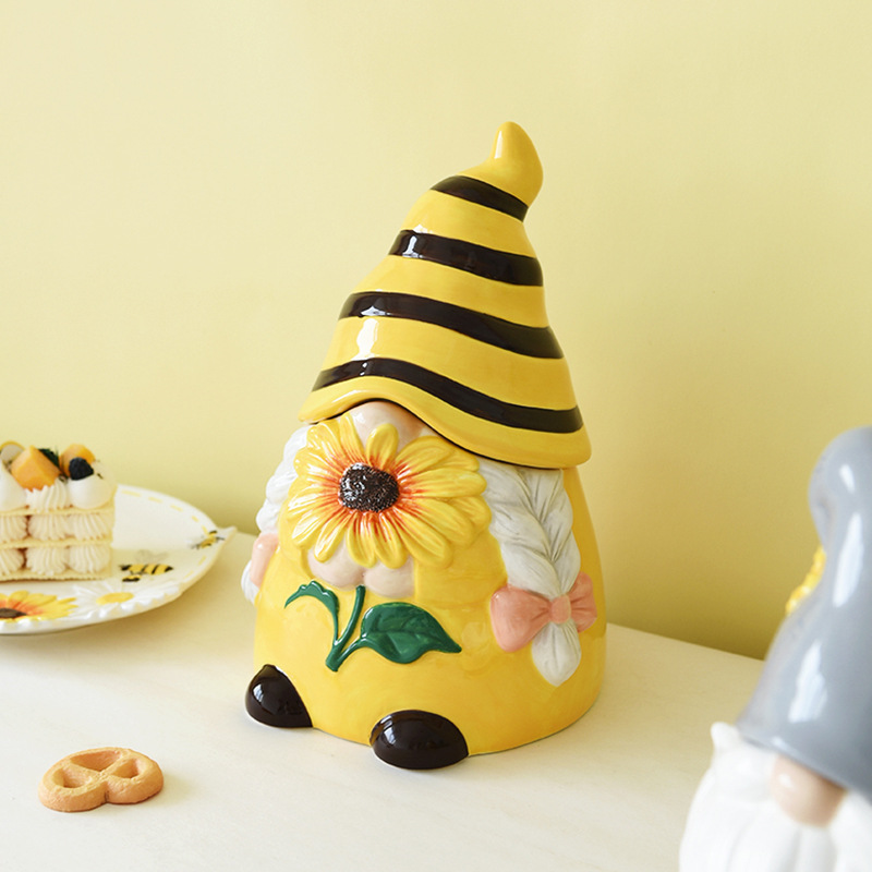 Tarro sellado de primavera, frasco lindo de elfos de abejas, frasco de almacenamiento de alto valor en relieve creativo de cerámica