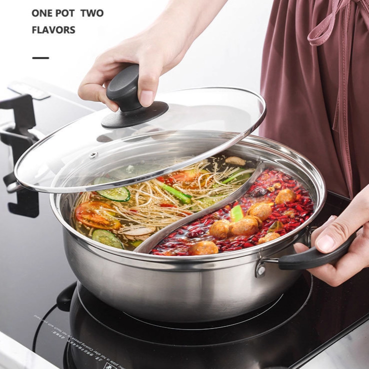 Double-Flavor Hot Pot 304 Stainless Steel Hot Pot Basin Large Capacity Double-Handle Clear Soup Pot Spicy Pot Suitable for Induction Cooker