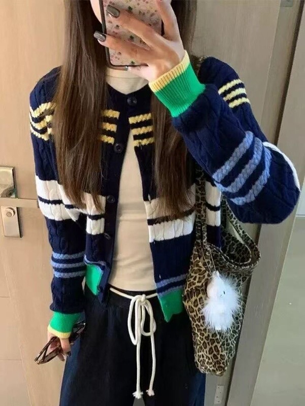 美式复古条纹撞色拼接针织开衫女秋冬新款慵懒风休闲毛衣外套上衣|undefined