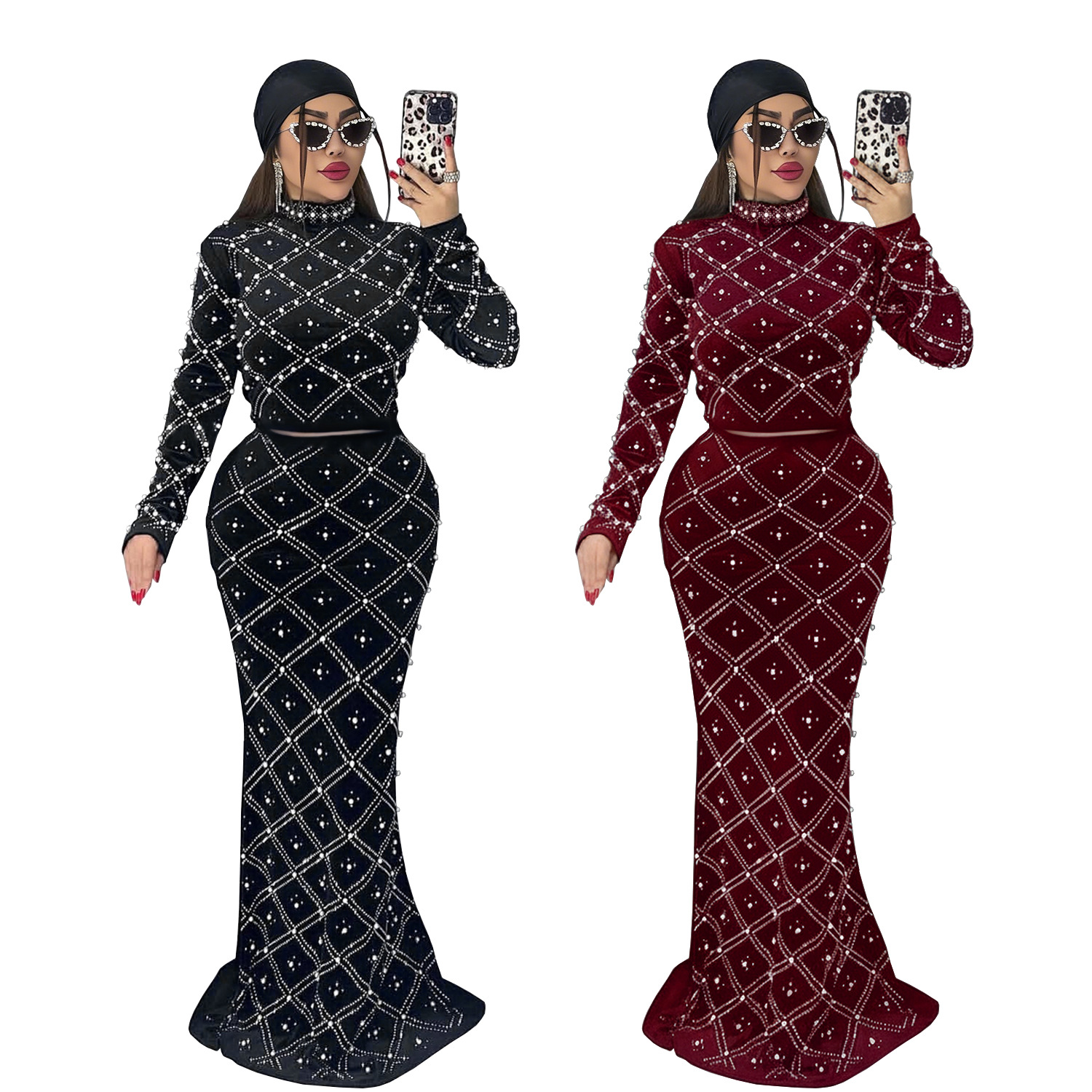 C7618 Aliexpress transfronterizo Amazon Europa y América moda de mujer elegante chaqueta de perlas de diamante caliente vestido larga de dos piezas