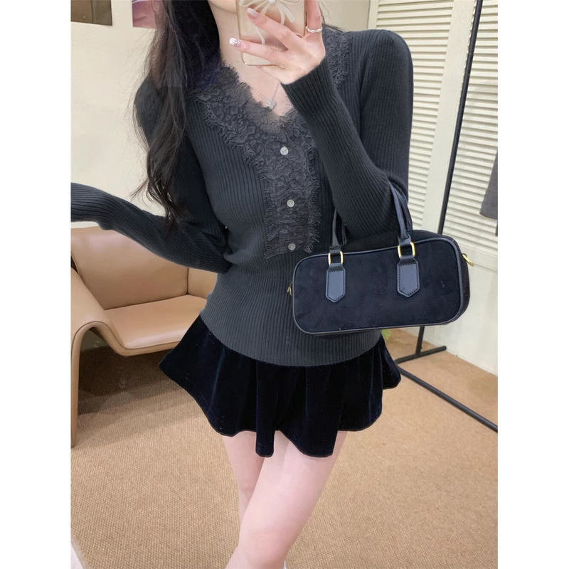 2024 Korean Style Autumn New French Elegant Eyelash Lace Collar Stitching Long Sleeve Knitted Shirt Inner Base Top