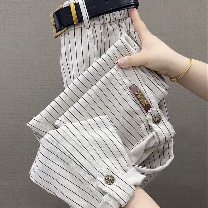 Shanli Dadi 2025 Autumn New Work Pants Cropped Striped Stylish Dad High-Waisted Harem Loose Slimming Mesh