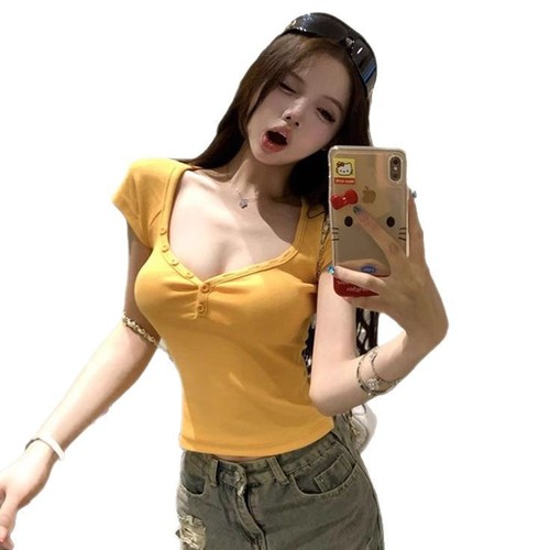 Seductive spicy girl pure desire body-shaping slimming low-cut base short sleeve T-shirt women summer revealing collarbone fashion top women's T fashion