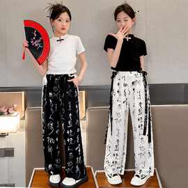 女童夏季雪纺两件套2024新款夏天薄款水墨画套装中大童休闲两件套