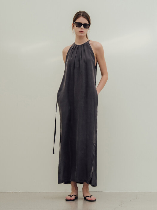 Breathable Halter Dress Twill Copper Ammonia Silk Lace up Design Loose Slimming Split Midi Dress