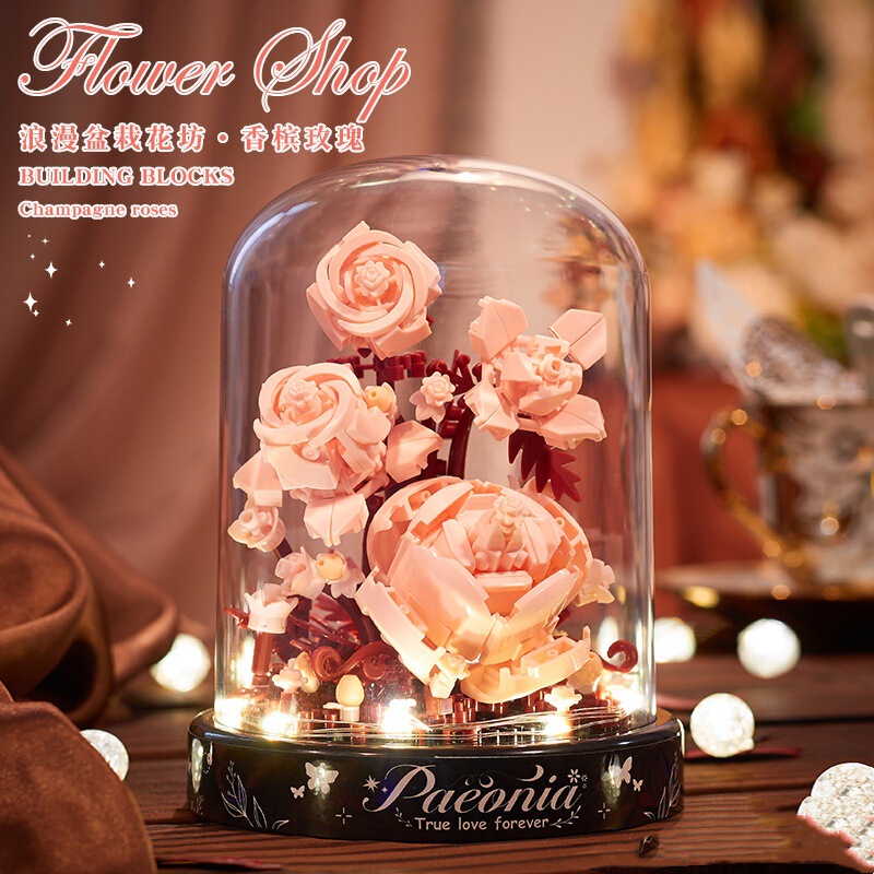 宇投永生积木花束玫瑰花朵手工玩具植物盆栽摆件送女孩感|undefined