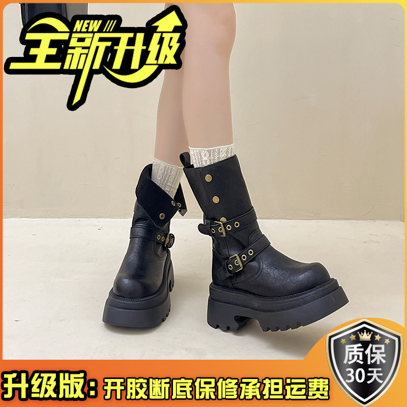 时尚百搭厚底皮靴增高两穿马丁靴女秋冬季复古扣带骑士靴机车短靴|undefined