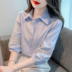 2025 春夏新作レディースパフスリーブコットンシャツレディースルーズお腹カバー七分袖トップスファッショナブル