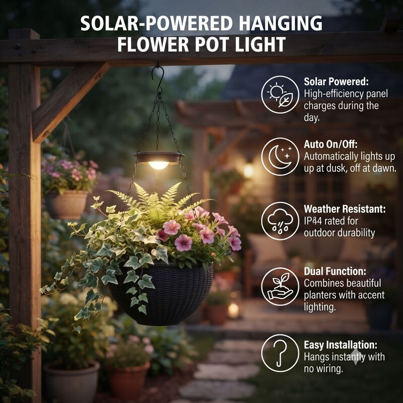 Solar-powered garden pot light that automatically turns on at night, rainproof, for villa garden decoration, lawn decoration, hanging light