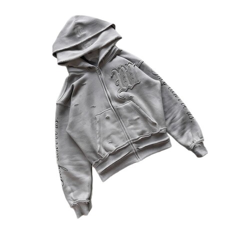 Autumn and winter new fashion suit Harajuku ins fashion broken hole zipper hooded hooded sweater casual retractable low-waist trousers