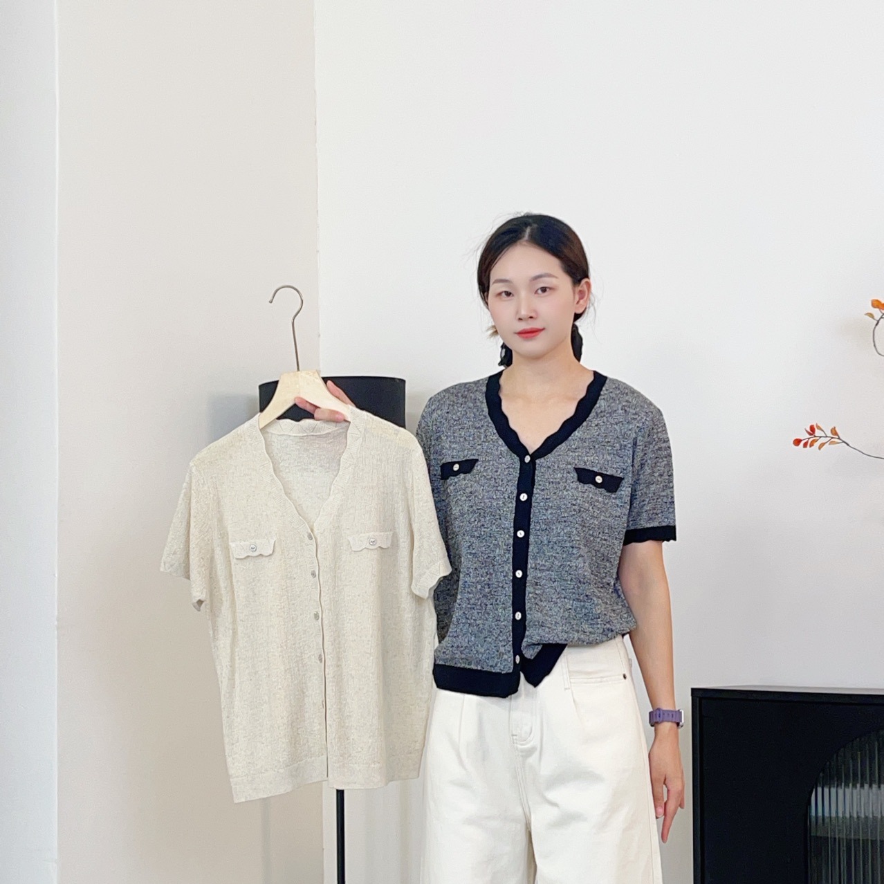 0816-145桑蚕丝亚麻高品质香风款精品女装短袖开衫女装
