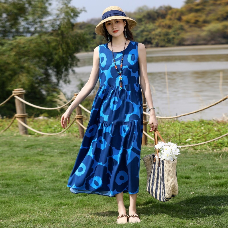 ノースリーブの若い女性の綿シルクドレス夏の海辺の休暇プラスサイズの膝丈ビーチドレス|undefined