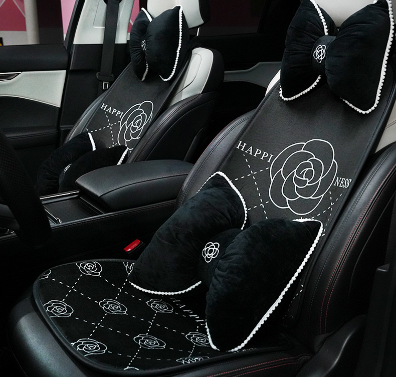 Blue Rain Car Seat Cushion, Plush High-End Camellia Car Seat Cushion, Autumn and Winter Warm and Comfortable Car Seat Cover