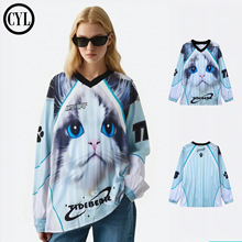 春夏美式街头可爱猫咪长袖T恤 跨境vintage落肩高街运动风上衣男