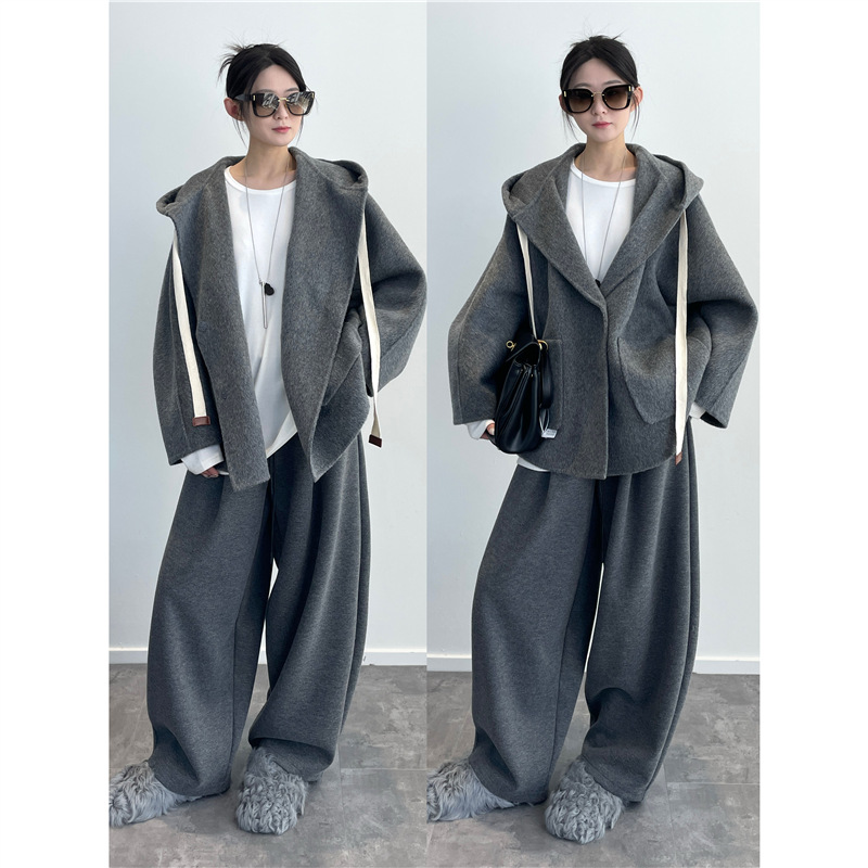 Nanyou Order Quality Series 100 Sheep Wool ~ Loose Hooded Cocoon-Shaped Double-Sided Woolen Outwear Sweatshirt Jacket for Women Winter