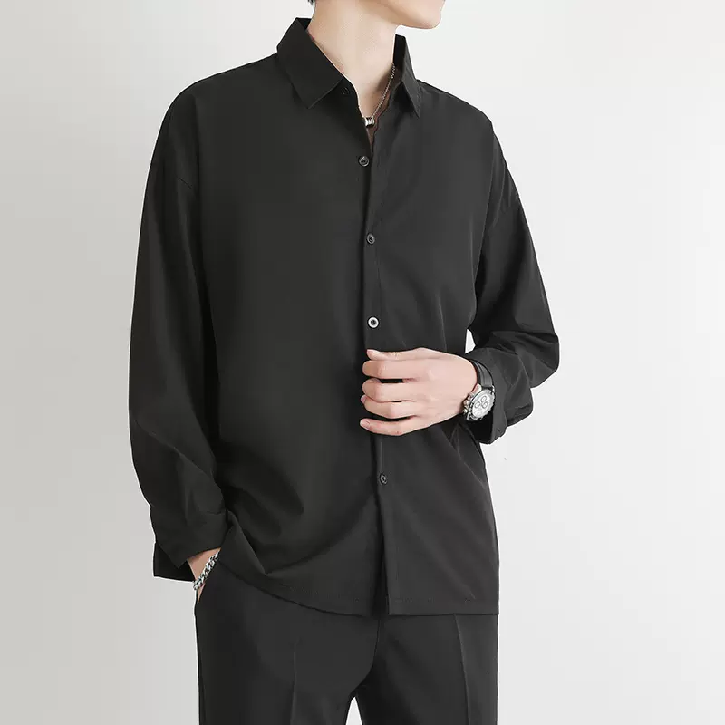 春秋新款日系休闲男士长袖衬衫男宽松纯色大码衬衣男垂感翻领寸衫
