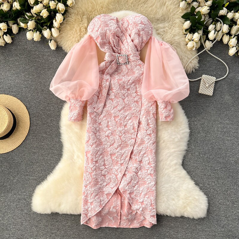 Cross-Border Luxury Banquet Dress with High-End Light Luxury Niche Lantern Sleeves, Sexy Off-Shoulder Strapless Slim Long Gown