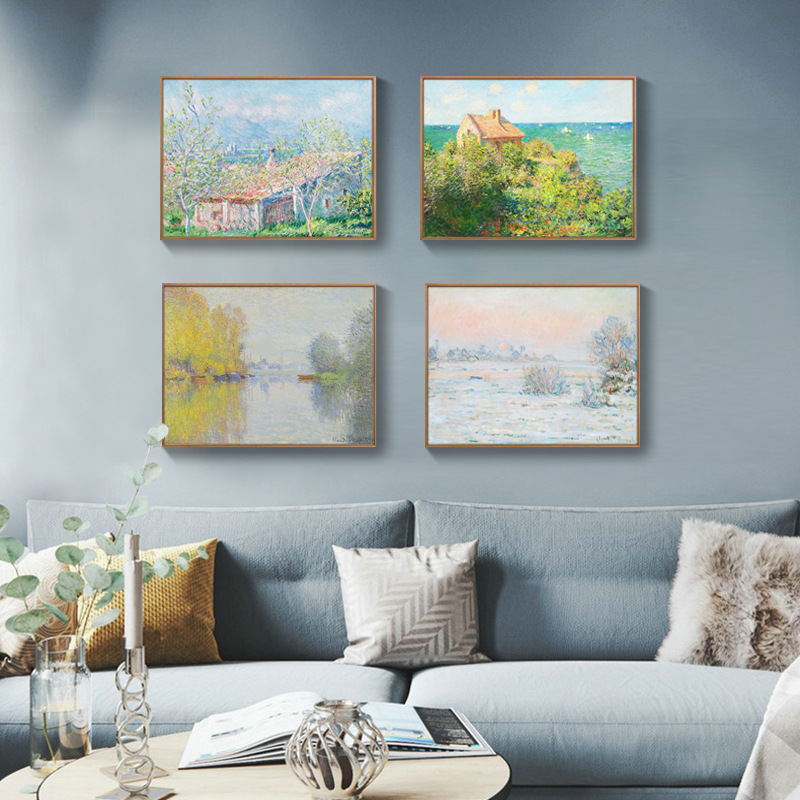 モネ日の出イメージ装飾画北欧客間レストラン掛け画抽象風景油絵寝室壁壁画麦畑|undefined