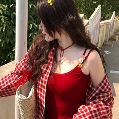 红色格子长袖衬衫女秋季防晒外套慵懒风宽松显瘦衬衣气质开衫上衣