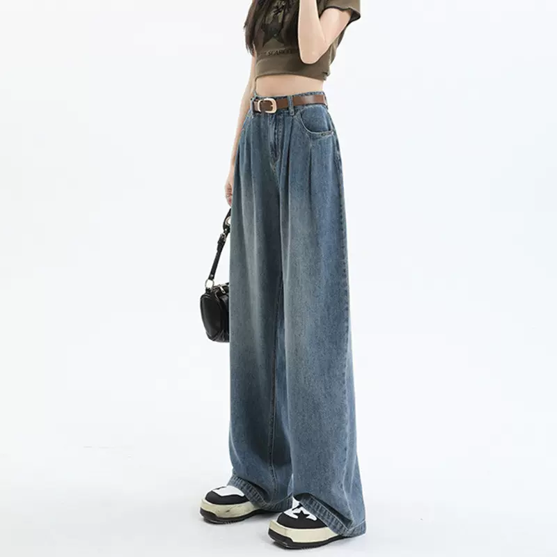 窄版阔腿牛仔裤女夏季薄款2025年新款高腰宽松直筒拖地裤港风百搭