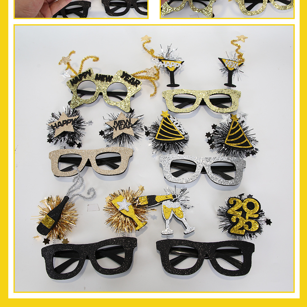 New Year Party Glasses Photo Props Creative Black Gold Decor_voghion.com