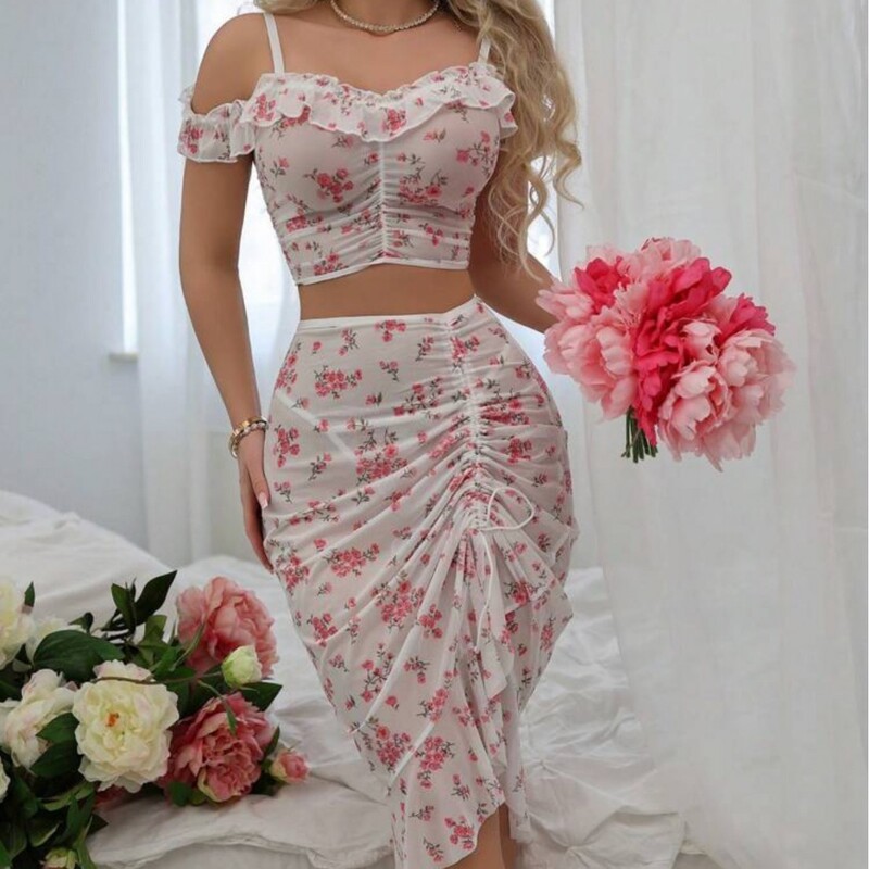 Cross-Border Foreign Trade Sexy Suit Ins Style Pure Desire See-Through Sexy Printed Tube Top Pleated Skirt Three-Piece Home Wear Set
