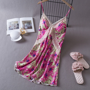 Spring and Autumn Pajamas Women's Ice Silk Sexy Thin Floral Lace Sling Nightgown Hanging Skirt with Chest Pad Home Clothes for Summer