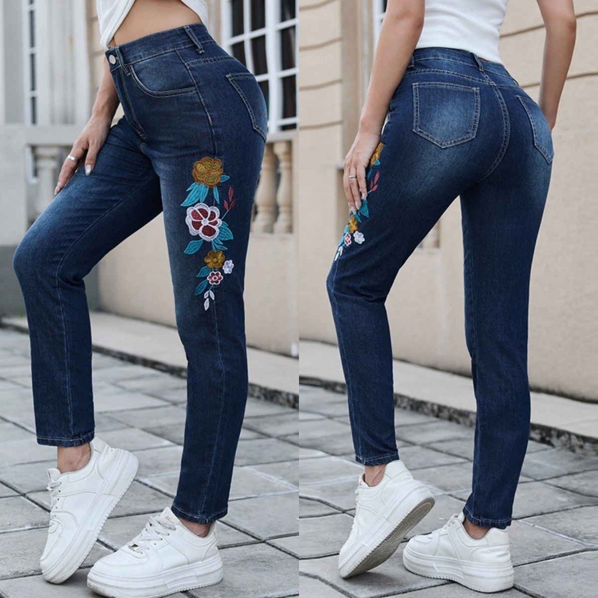 2026 European and American Temu Tk Cross-Border Hot-Selling Women's High-Waisted Embroidered Fashion Versatile Stretch Jeans