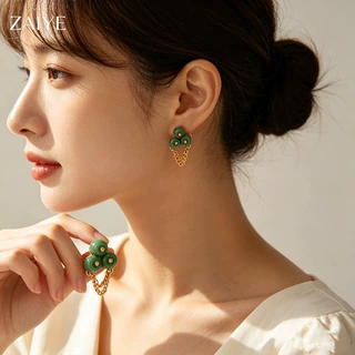 时尚小众设计感松绿复古耳钉红珠合金耳环个性气质女百搭耳饰品
