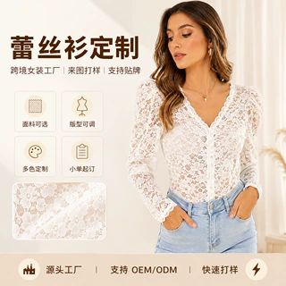 跨境女装蕾丝衫定制 V领长袖蕾丝上衣 工厂贴牌加工 来样打版批发