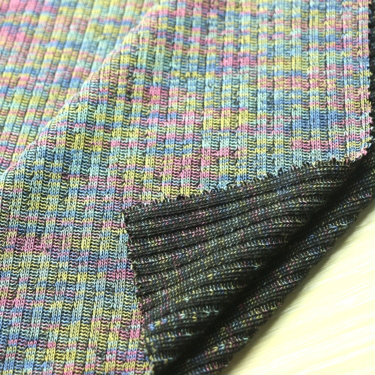 锻彩罗纹布针织纬编七彩段彩棉涤黑纱CVC粗针3x2罗纹布料服装面料